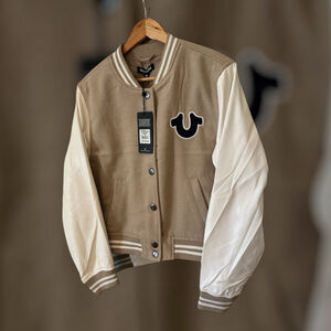True Religion Beige Varsity Bomber Jacket Size M